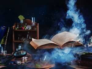 Flying magical book with smoke