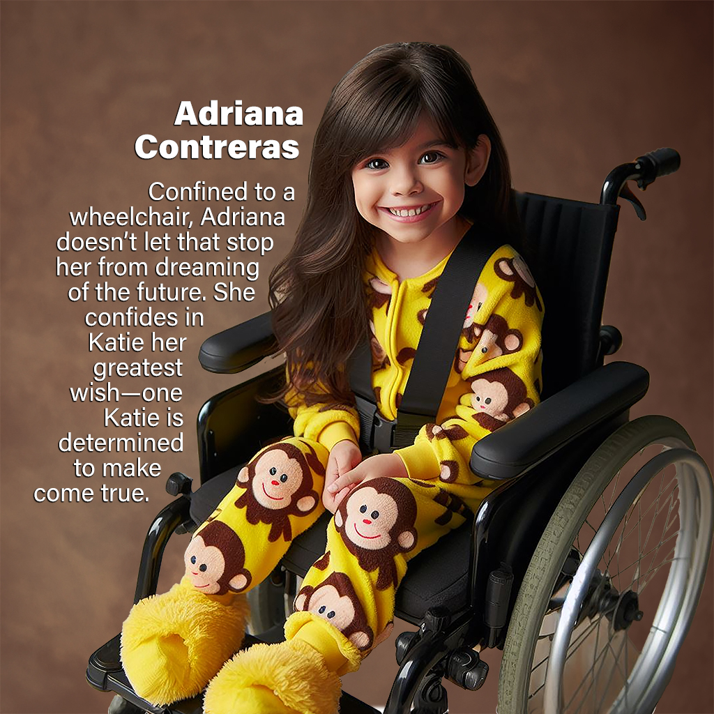 Adriana Contreras: Confined to a wheelchair, Adriana doesn’t let that stop her from dreaming of the future. She confides in Katie her greatest wish—one Katie is determined to make come true.