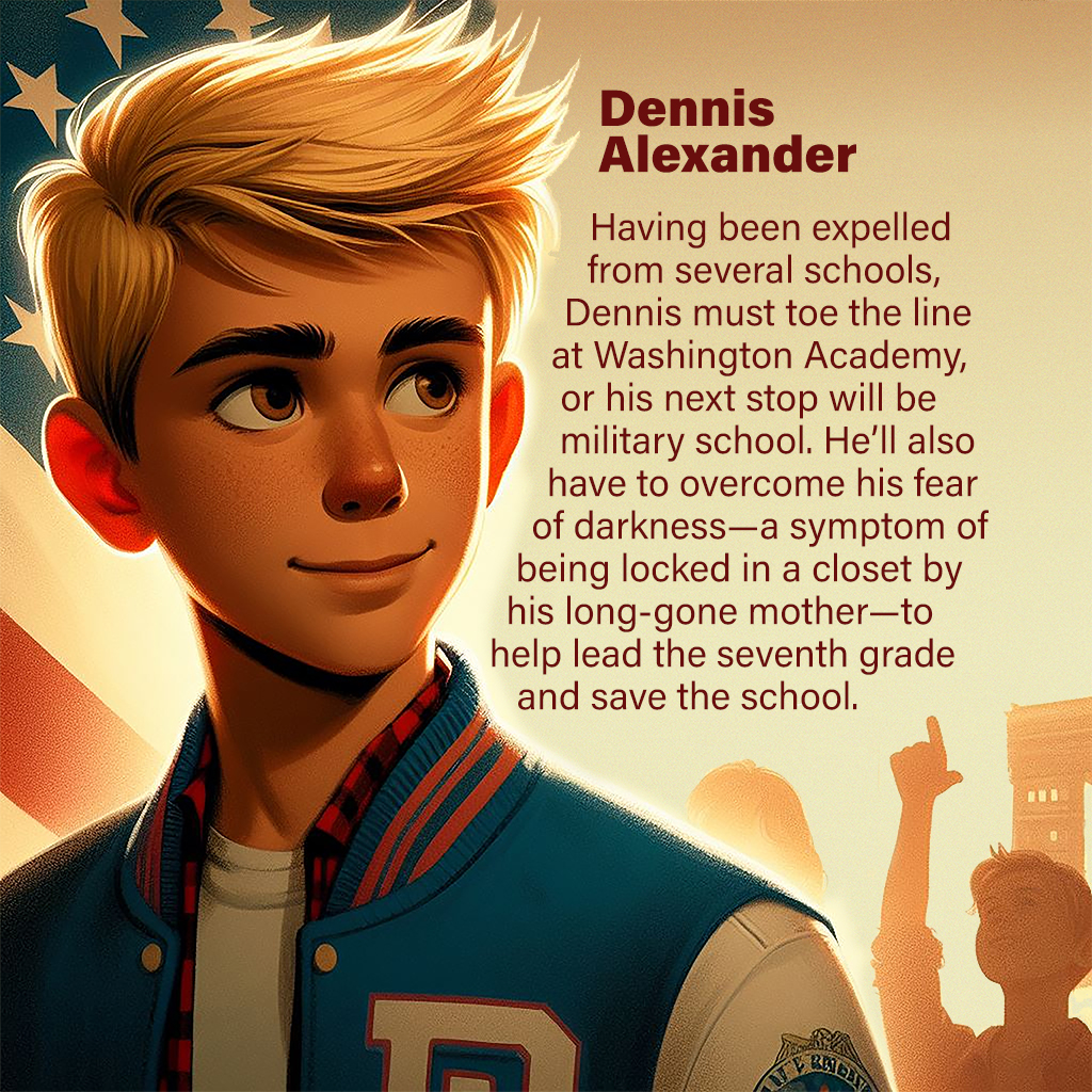 Dennis Alexander—Having been expelled from several schools, Dennis must toe the line at Washington Academy, or his next stop will be military school. He’ll also have to overcome his fear of darkness—a symptom of being locked in a closet by his long-gone mother—to help lead the seventh grade and save the school.