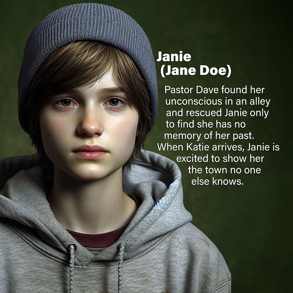 Janie (Jane Doe)—Pastor Dave found her unconscious in an alley and rescued Janie only to find she has no memory of her past. When Katie arrives, Janie is excited to show her the town no one else knows.