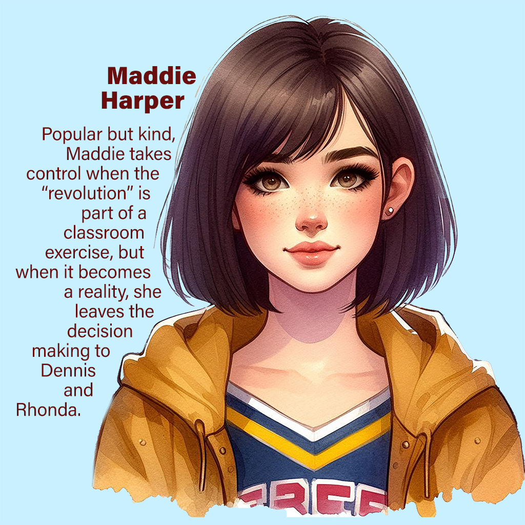 Maddie Harper—Popular but kind, Maddie takes control when the “revolution” is part of a classroom exercise, but when it becomes a reality, she leaves the decision making to Dennis and Rhonda.