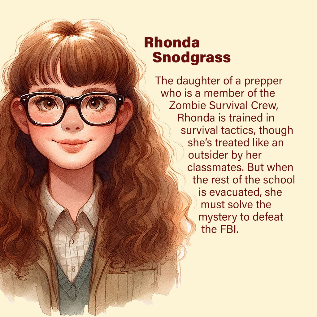 Rhonda Snodgrass—The daughter of a prepper who is a member of the Zombie Survival Crew, Rhonda is trained in survival tactics, though she’s treated like an outsider by her classmates. But when the rest of the school is evacuated, she must solve the mystery to defeat the FBI.