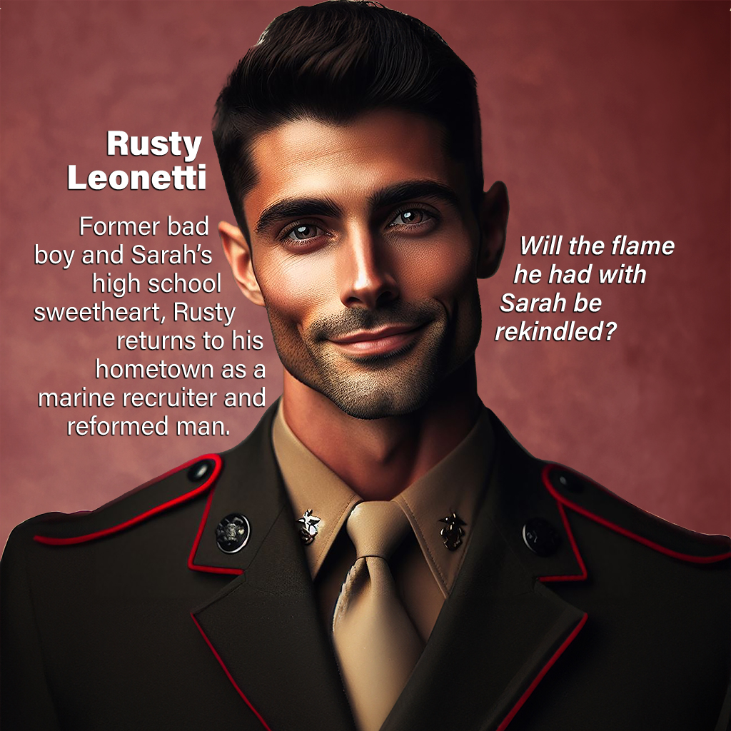 Rusty Leonetti—Former bad boy and Sarah’s high school sweetheart, Rusty returns to his hometown as a marine recruiter and reformed man. Will the flame he had with Sarah be rekindled?