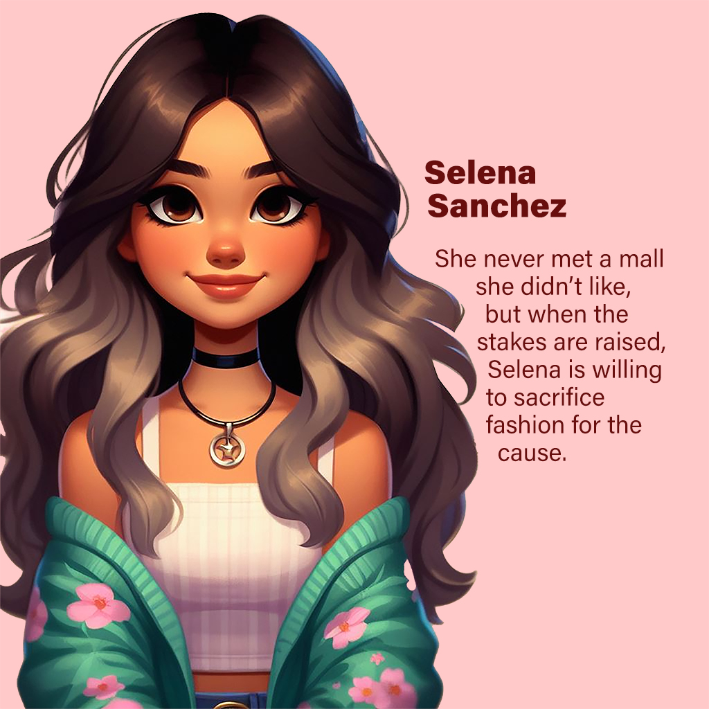 Selena Sanchez— She never met a mall she didn’t like, but when the stakes are raised, Selena is willing to sacrifice fashion for the cause.