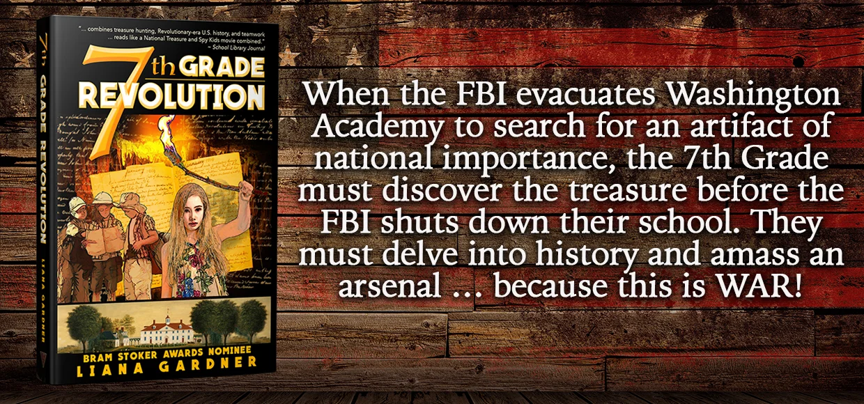 7th Grade Revolution by Liana Gardner log line slider against faded flag background